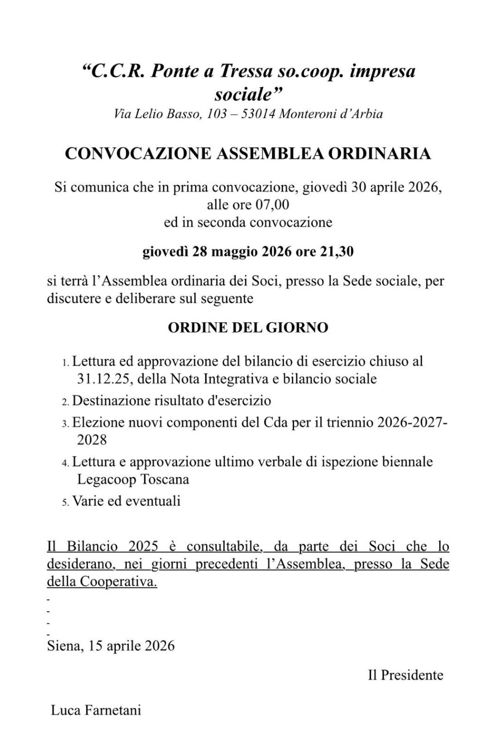 CONVOCAZIONE ASSEMBLEA SOCI 28 MAGGIO&nbsp;2026
